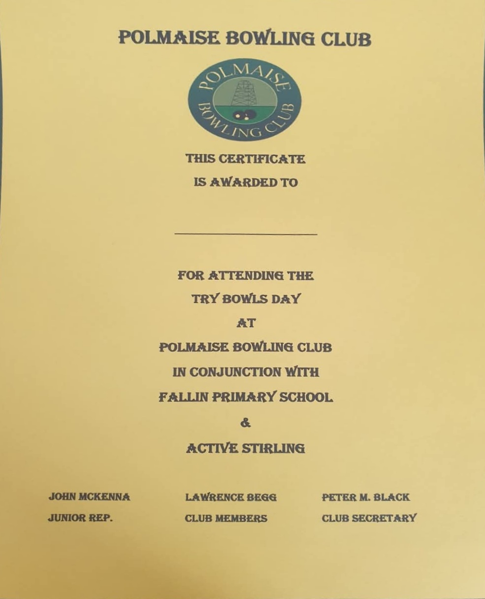 Fallin Primary School Try Bowls Certificate