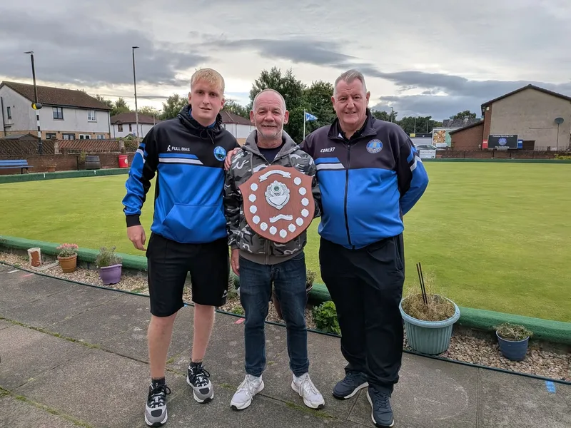John “Chucks” Johnstone Memorial Tournament 2026 winners William Maxwell, James Craig and Club President David Stewart
