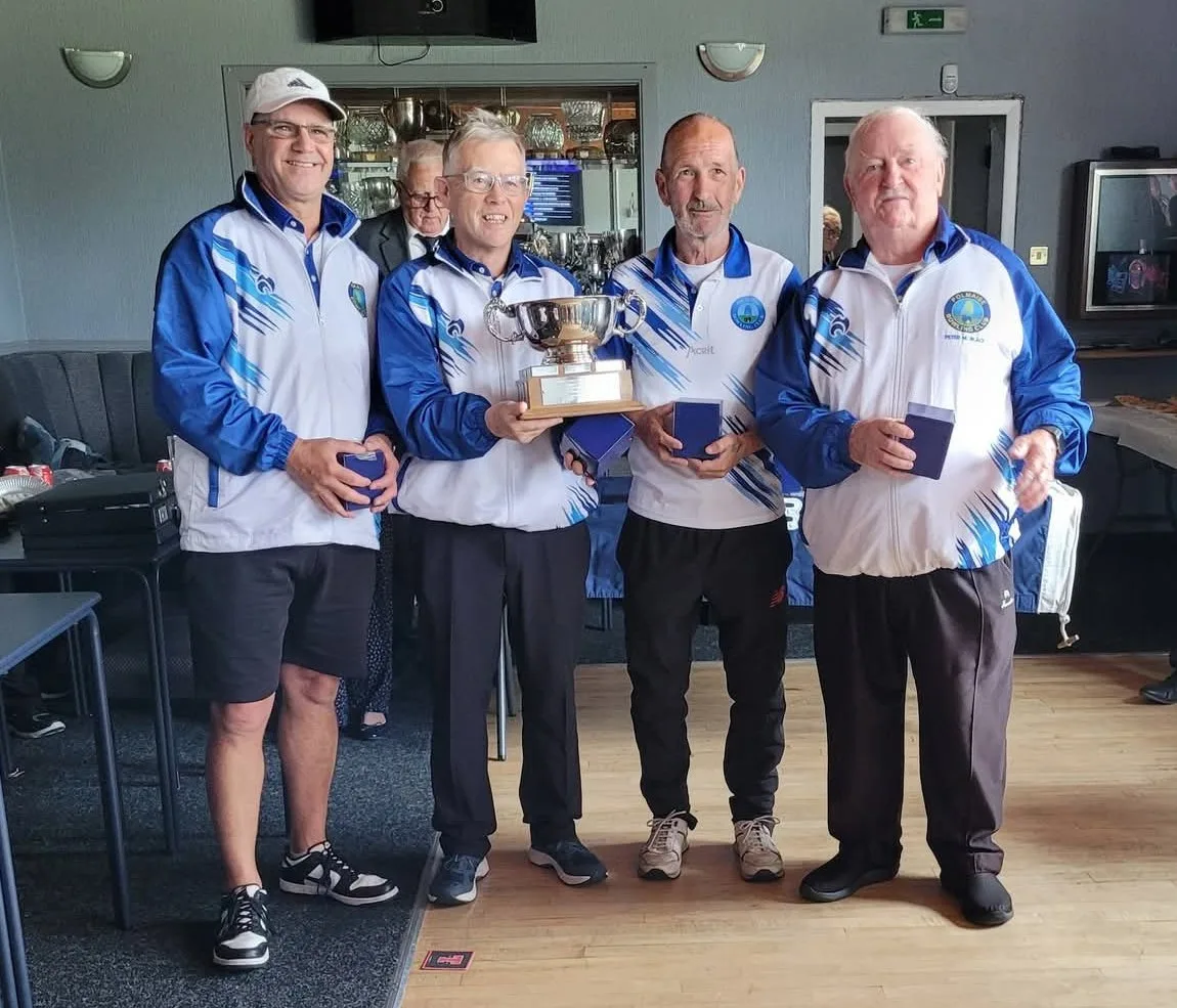 Polmaise Bowling Club's winning Senior Fours team pictured at Burnhead Bowling Club following their Stirling County Association Finals victory. From left to right: George Rough, Danny McCormick, Donald Dalgleish and Peter Black, holding the trophy and winners' prizes.
