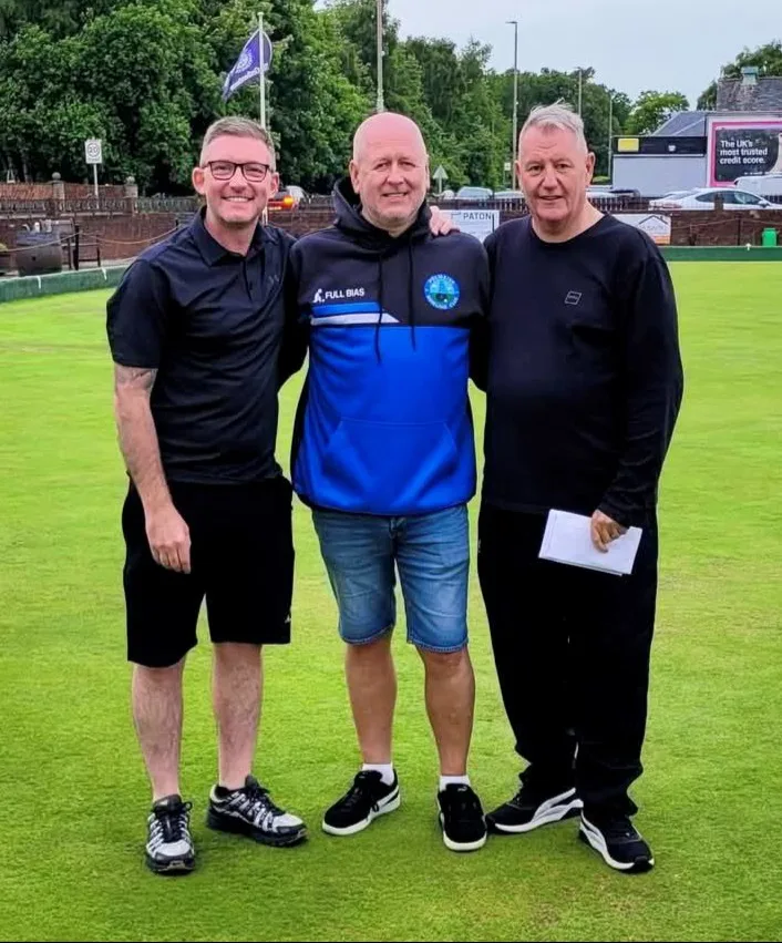 Defeated semi-finalists C. Carderry and A. Brown pictured with Polmaise Bowling Club President David Stewart