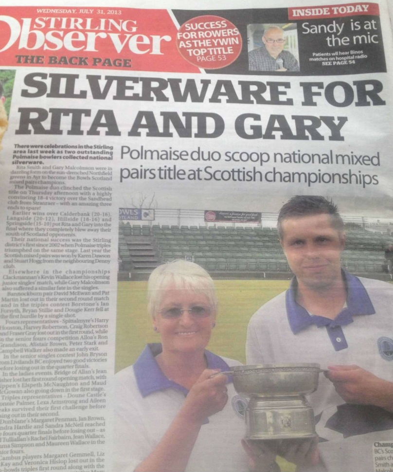 Original newspaper clipping of Rita and Gary's championship win