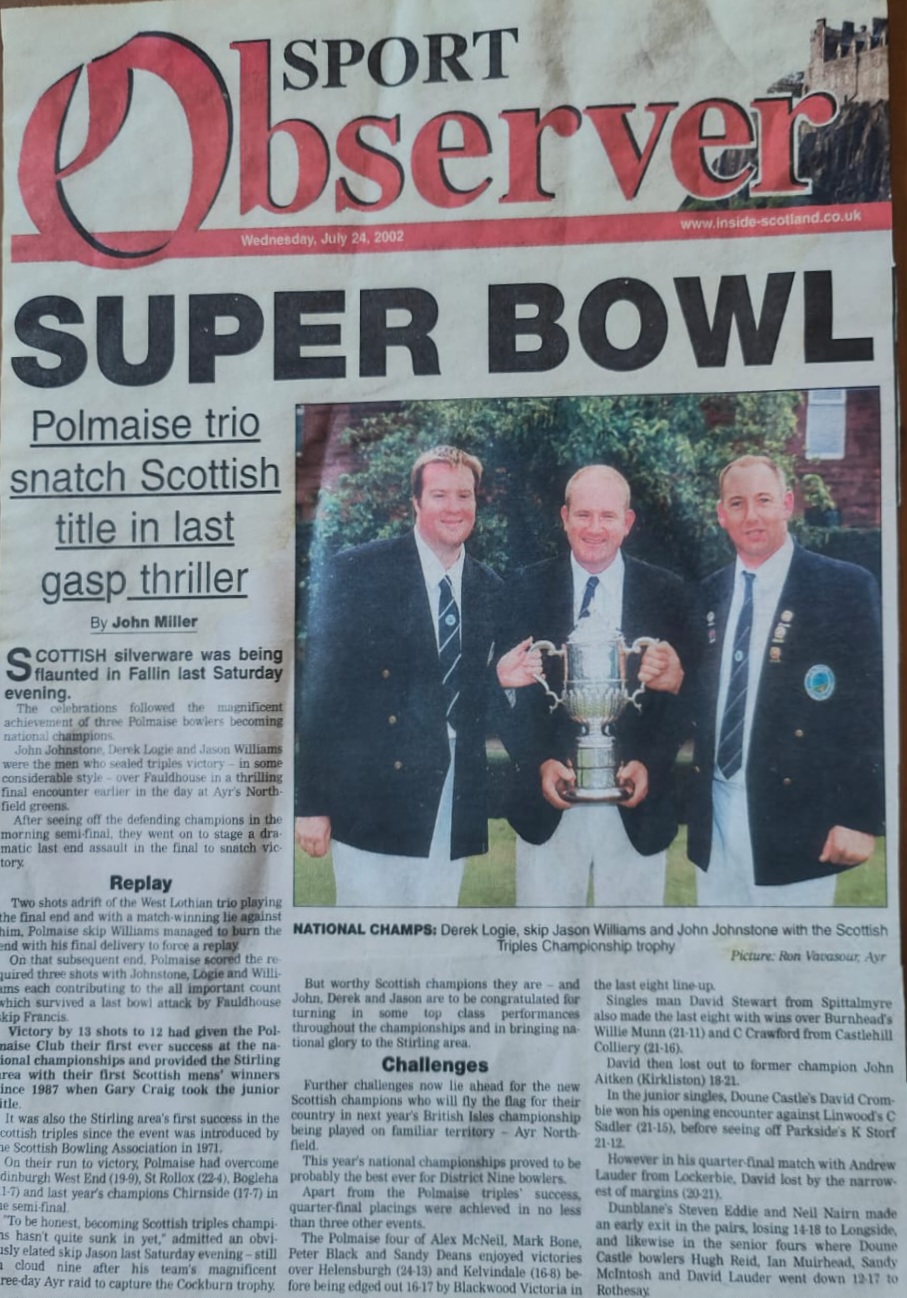 Original newspaper clipping of Scottish Triples Championship win