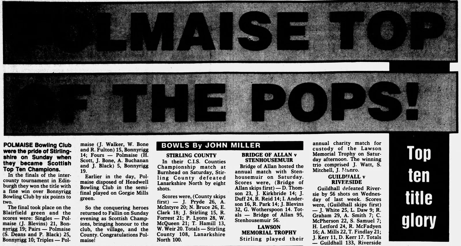 Original newspaper clipping of Polmaise Top of the Pops