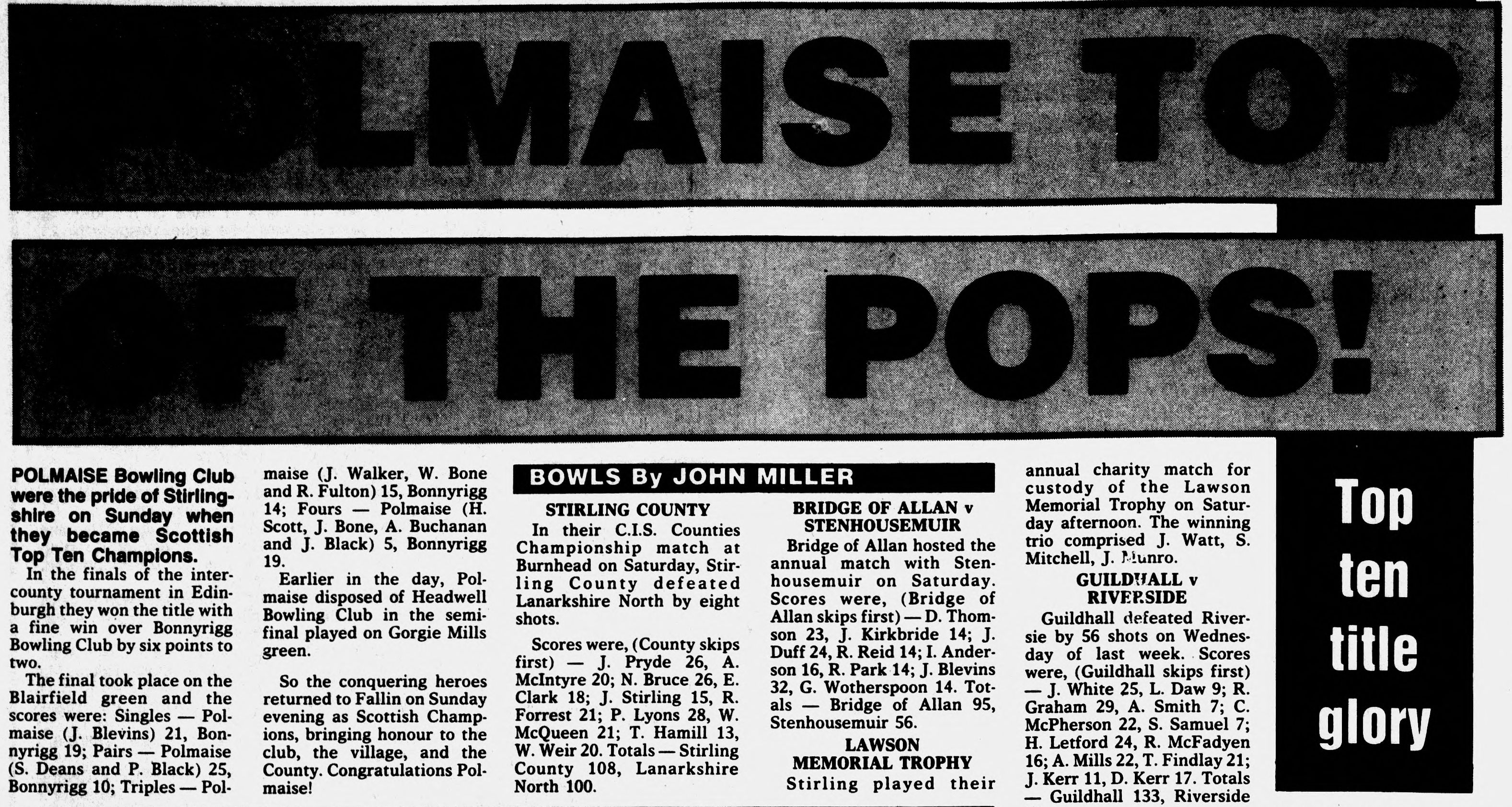 Original newspaper clipping of Polmaise Top of the Pops