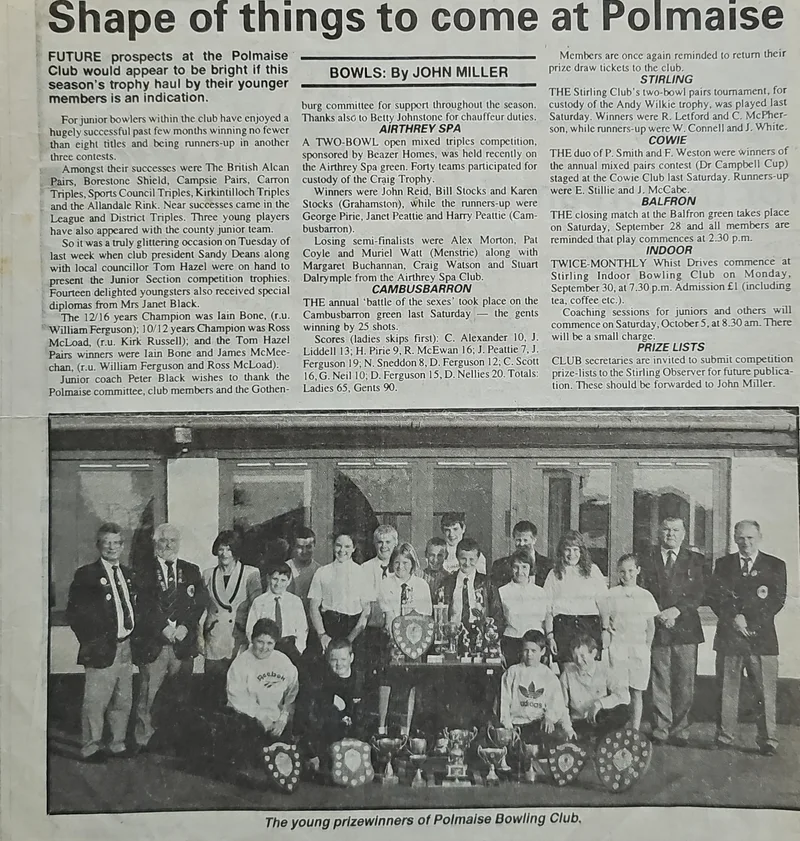 The young prizewinners of Polmaise Bowling Club