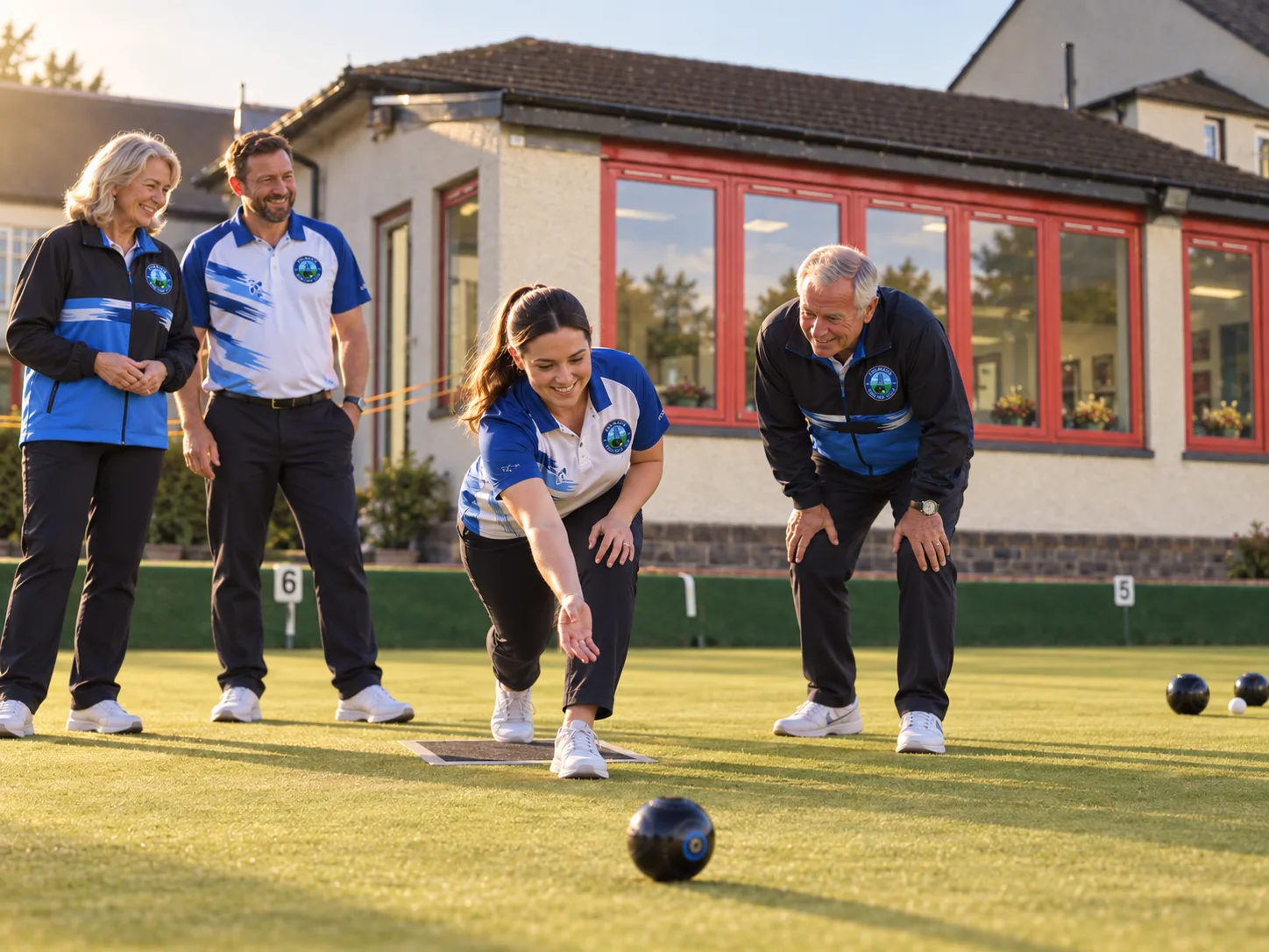 A coach showing a new bowler how to deliver a bowl during a Try Bowls session on the green at Polmaise Bowling Club
